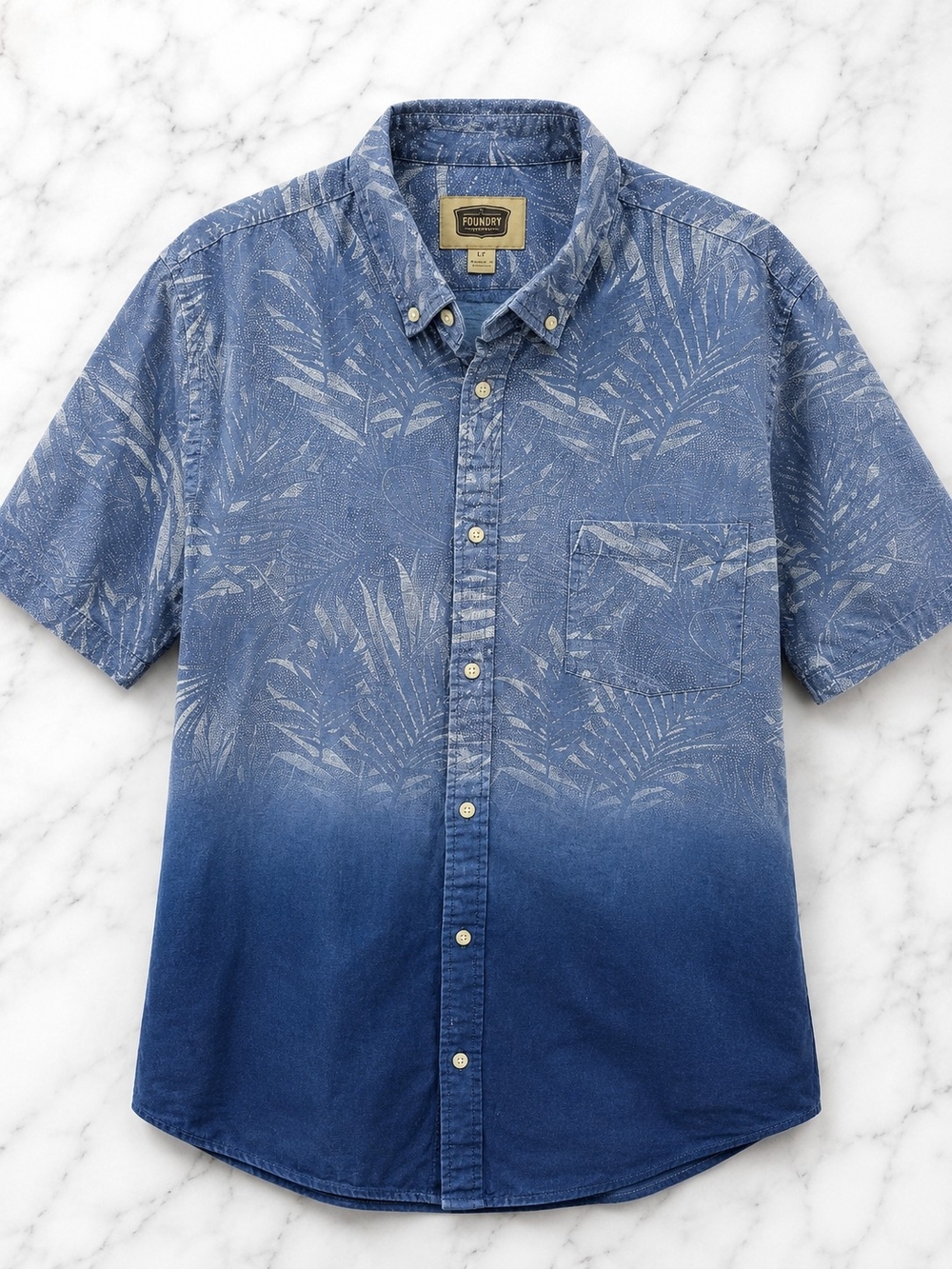 The Foundry Supply Co. Short-Sleeve Button-Down Palm Print Shirt - Blue Ombre
